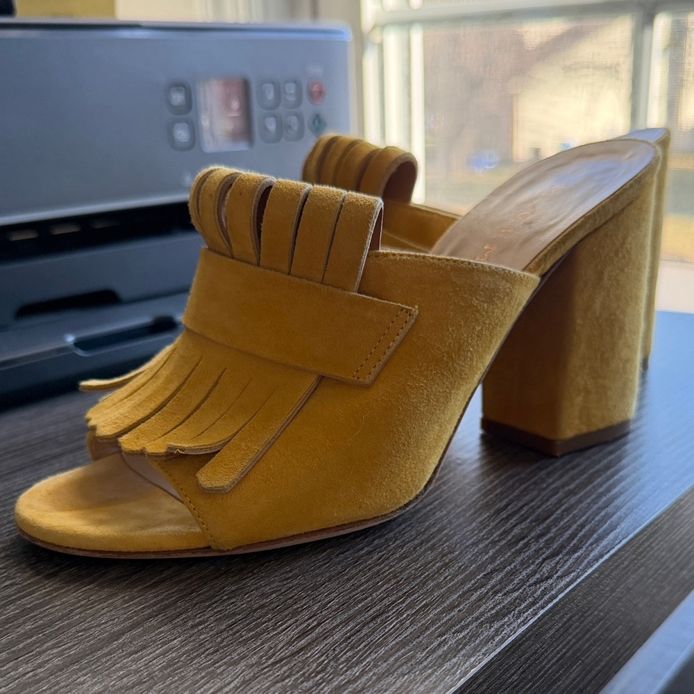 Elegant Mustard Fringe Block Heel Mules